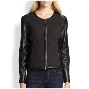 Eileen Fisher Leather Wool Moto Jacket Sz PS Mixed Media Luxury Minimalist